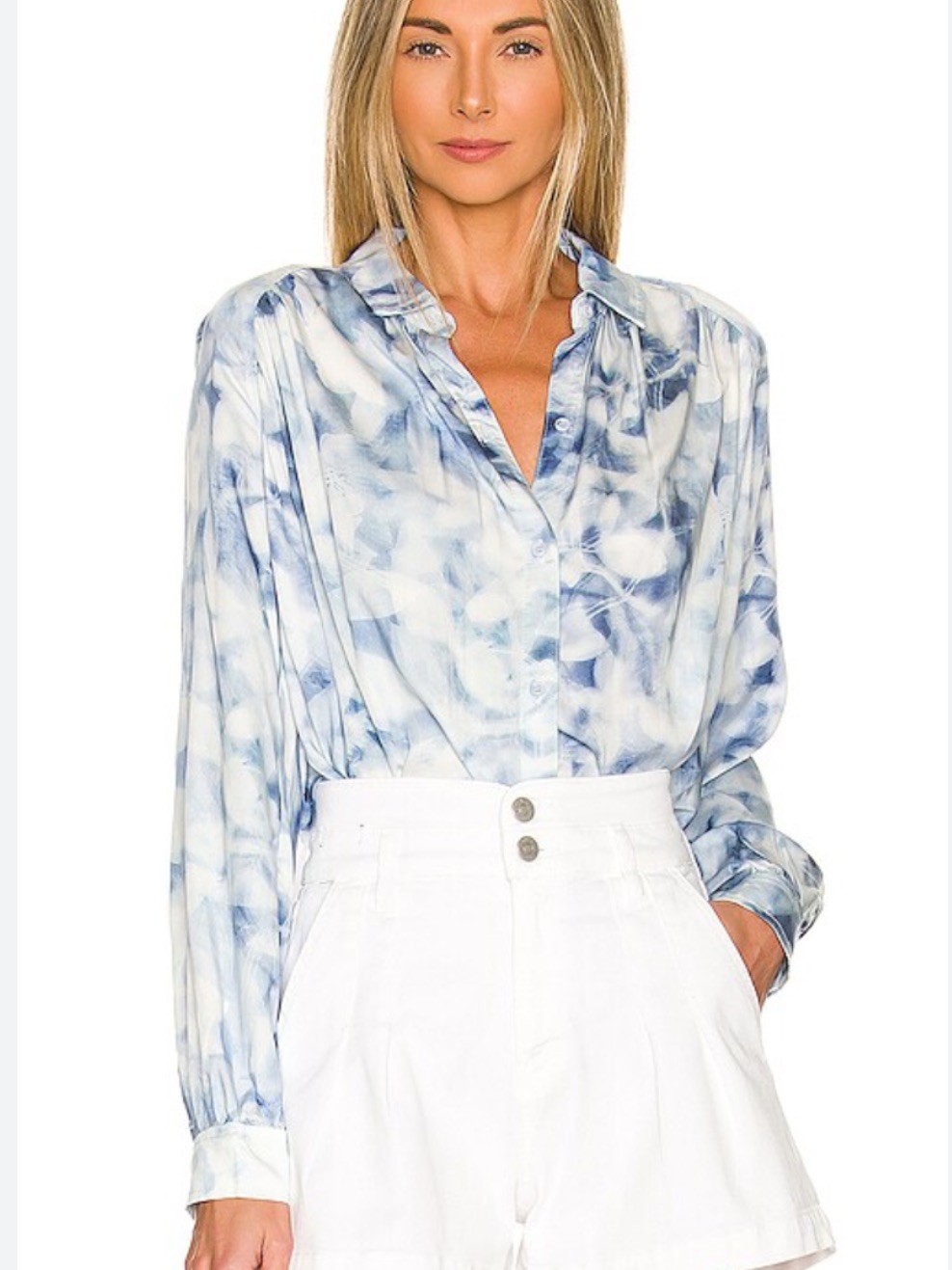 Bella Dahl Shirttail Button Down Coastal Cloud Leaf Print Pleated Blouse Sz Med